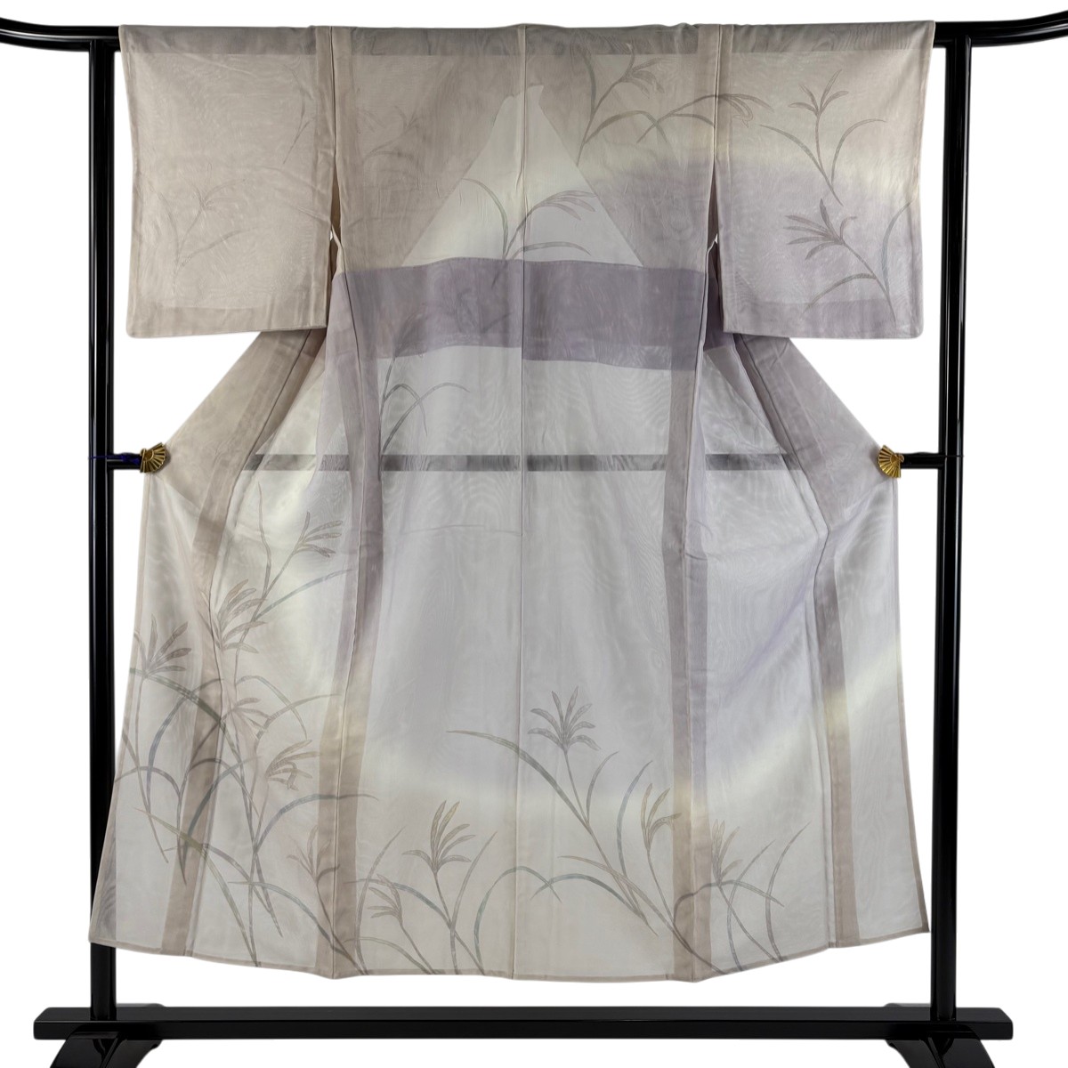 訪問着 身丈150cm 裄丈62cm S 紗袷 すすき 金彩 灰桜 正絹 秀品 【中古】