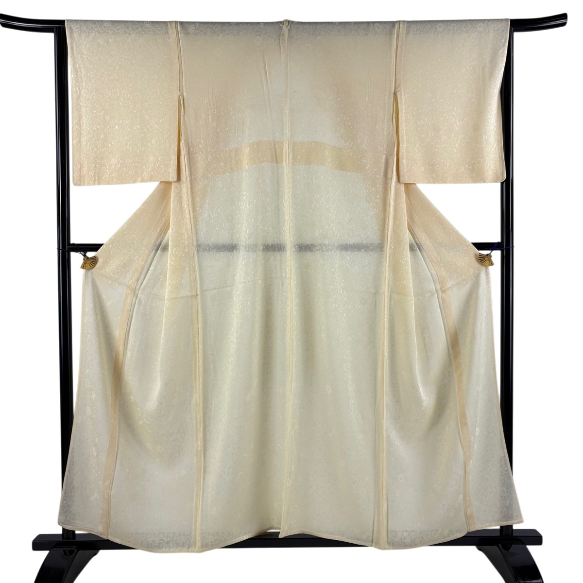 小紋 身丈157cm 裄丈66cm M 薄物 花唐草 薄黄 正絹 秀品 【中古】