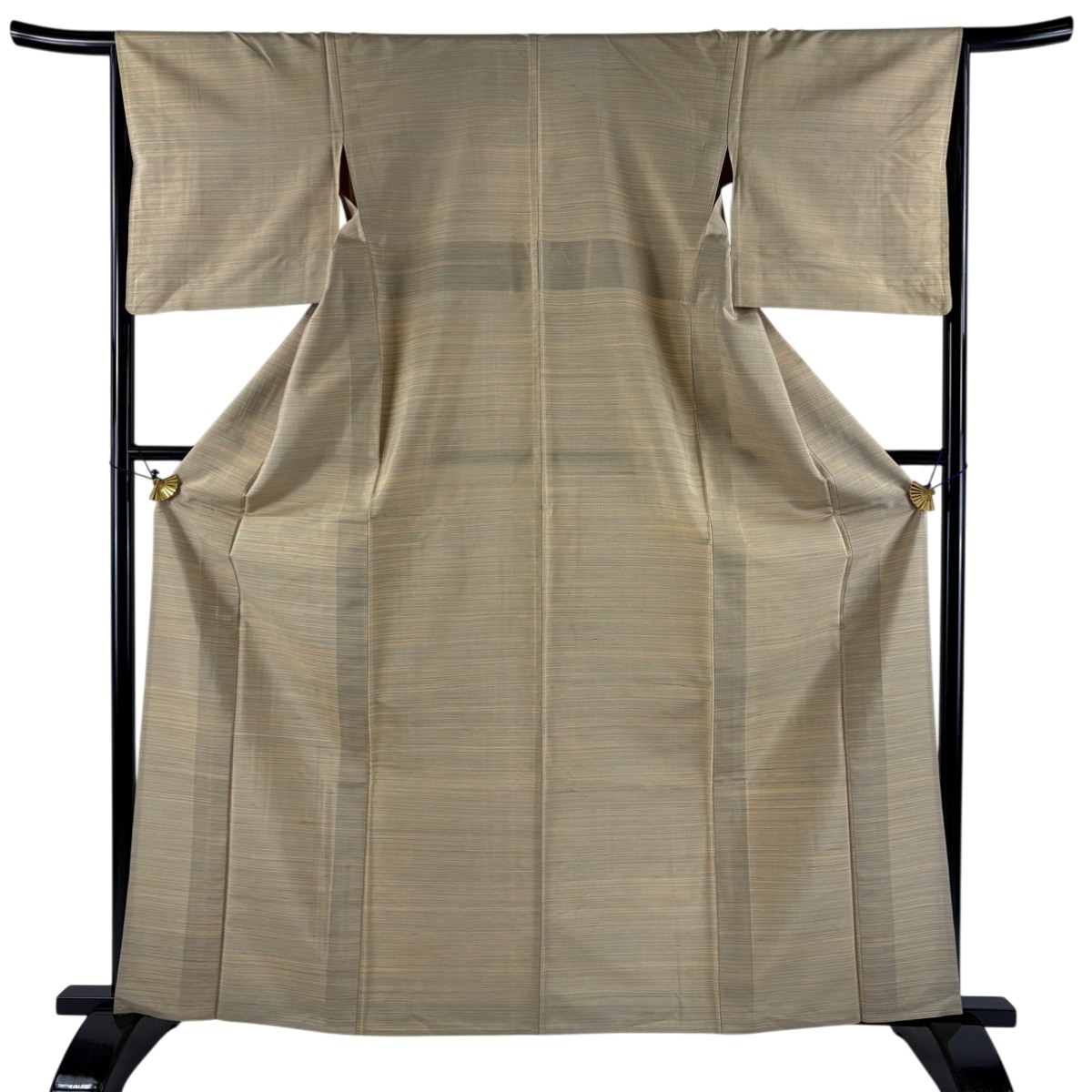 小紋 身丈161cm 裄丈65.5cm M 単衣 紬地 縞 ベージュ 正絹 秀品 【中古】 8,614円