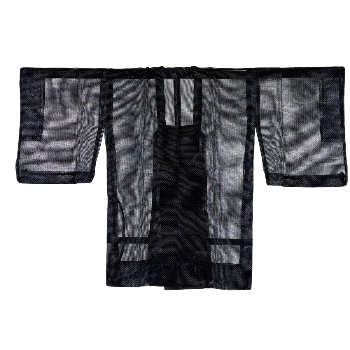【美品】 道行 身丈83cm 裄丈63cm S 和装コート 角衿 証紙あり 幾何学模様 羅 紺色 正絹 秀品 【中古】