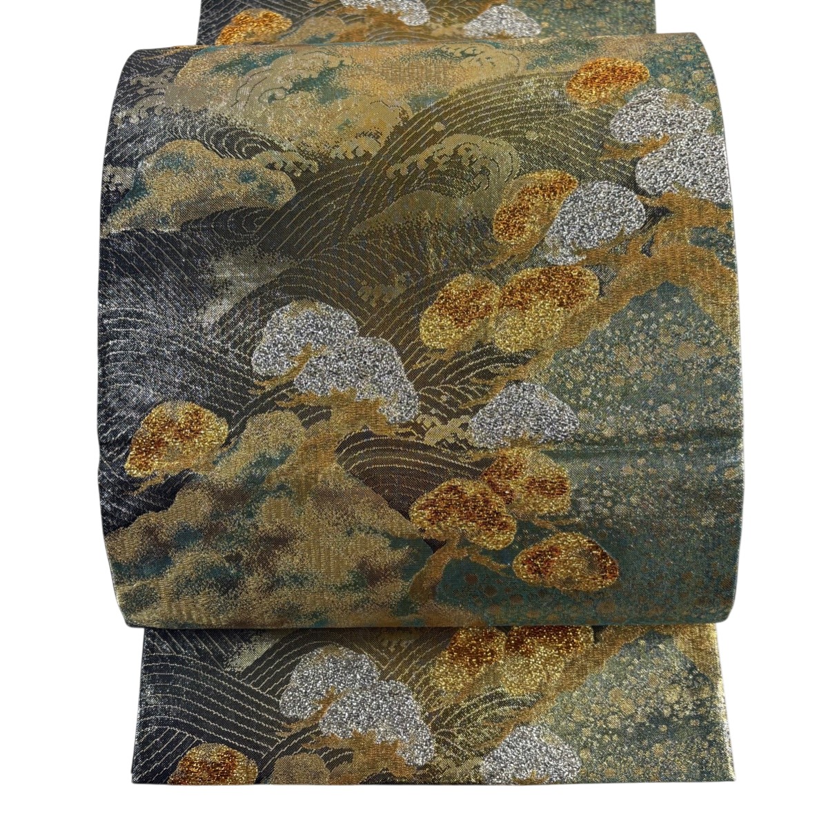 【美品】 袋帯 秀品 松 波 箔 金糸 金色 六通 正絹 【中古】