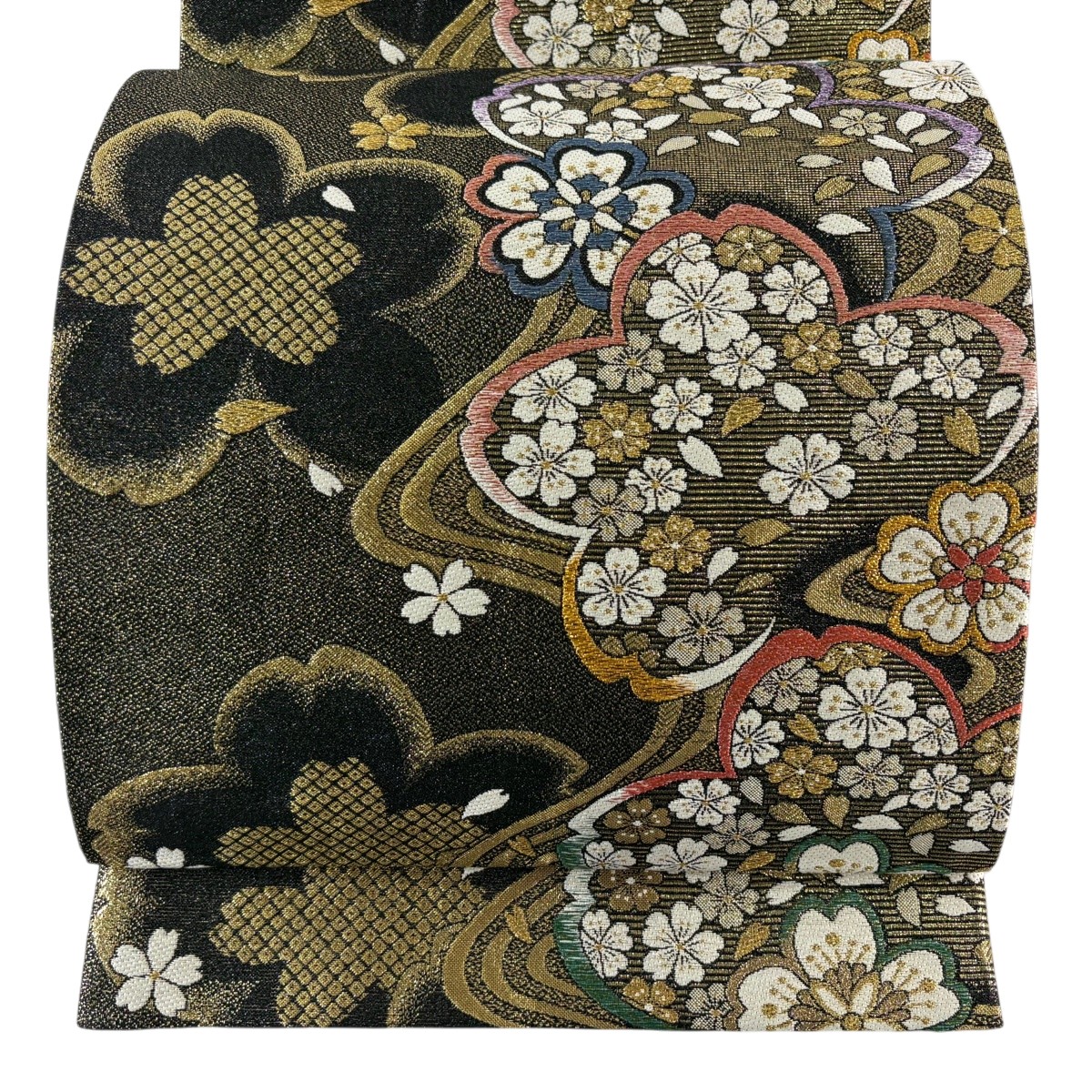 【美品】 袋帯 秀品 桜 花びら 金糸 箔 黒 六通 正絹 【中古】