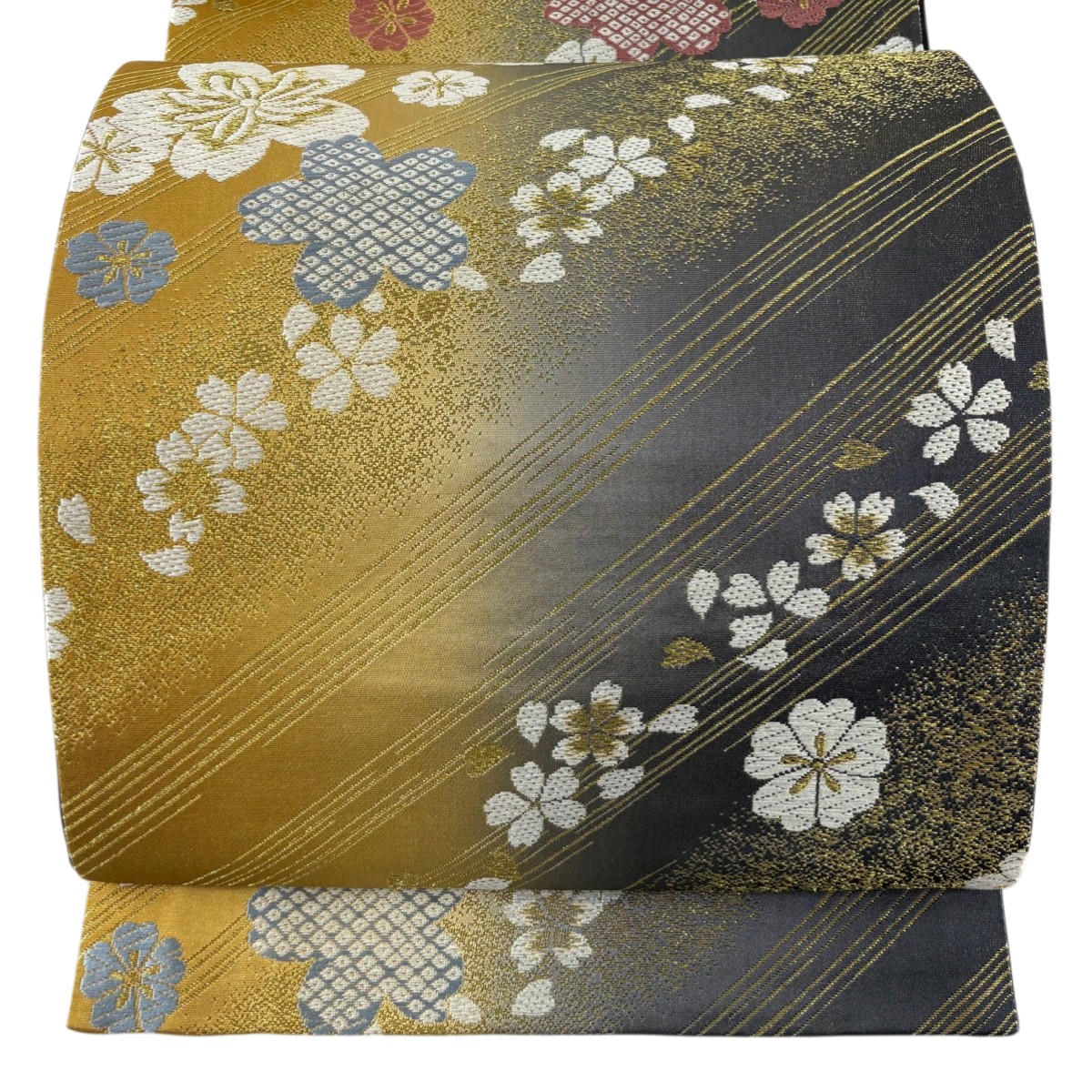 【美品】 袋帯 秀品 桜 斜縞 刺繍 金糸 黄土色 六通 正絹 【中古】