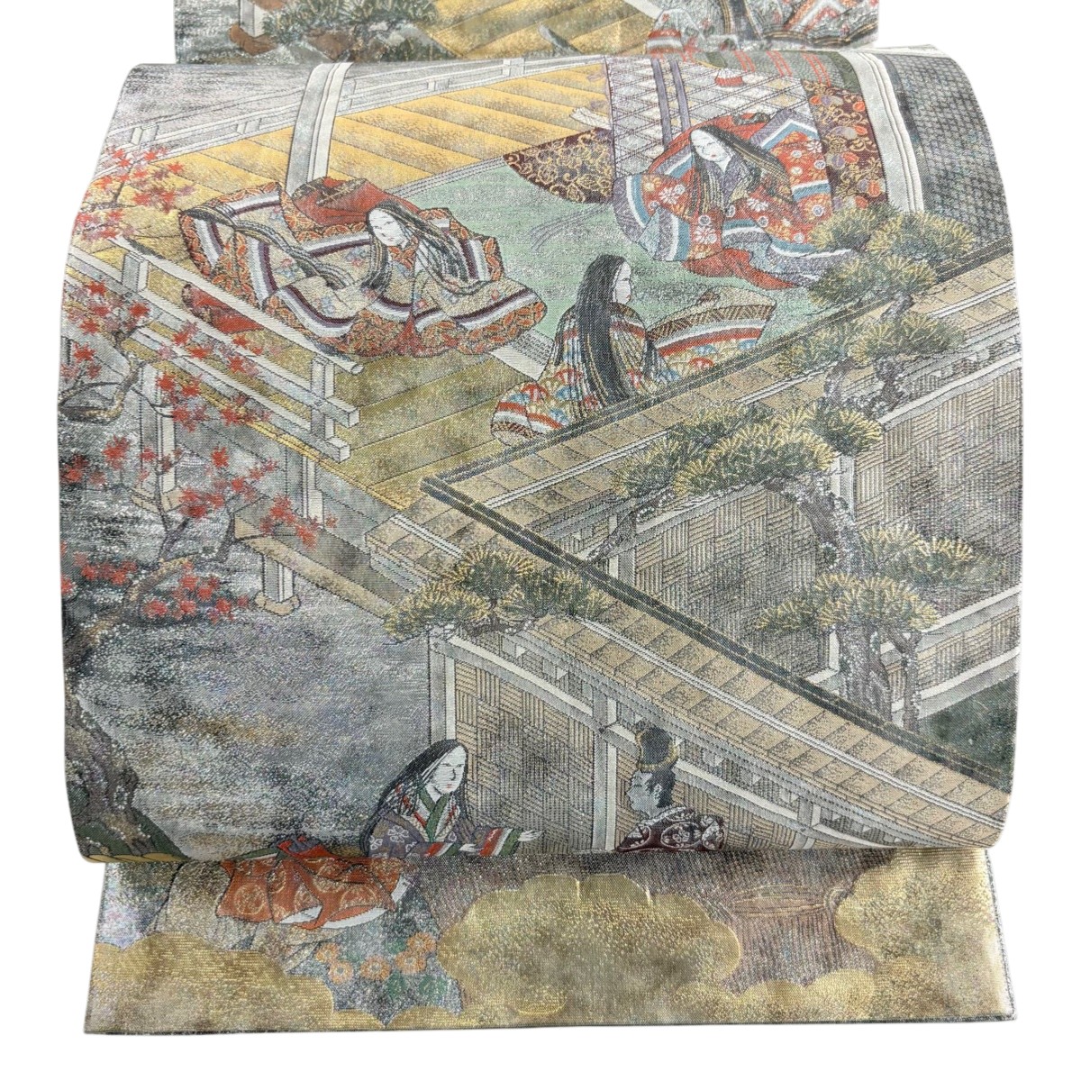 【美品】 袋帯 秀品 伊勢物語 人物 箔 銀色 お太鼓柄 正絹 【中古】