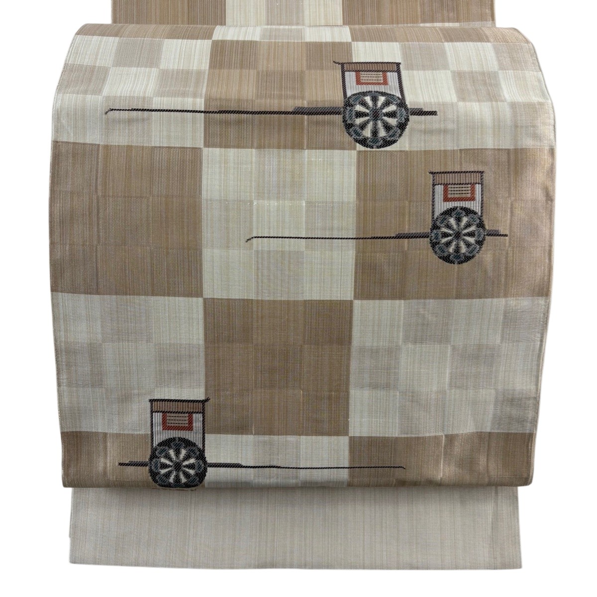 袋帯 秀品 紬地 御所車 市松 薄茶色 六通 正絹 【中古】