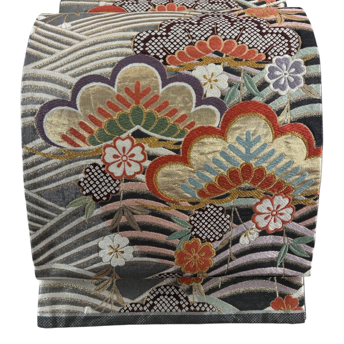 【美品】 袋帯 秀品 振袖向き 笠松 波 金銀糸 箔 黒灰 六通 正絹 【中古】