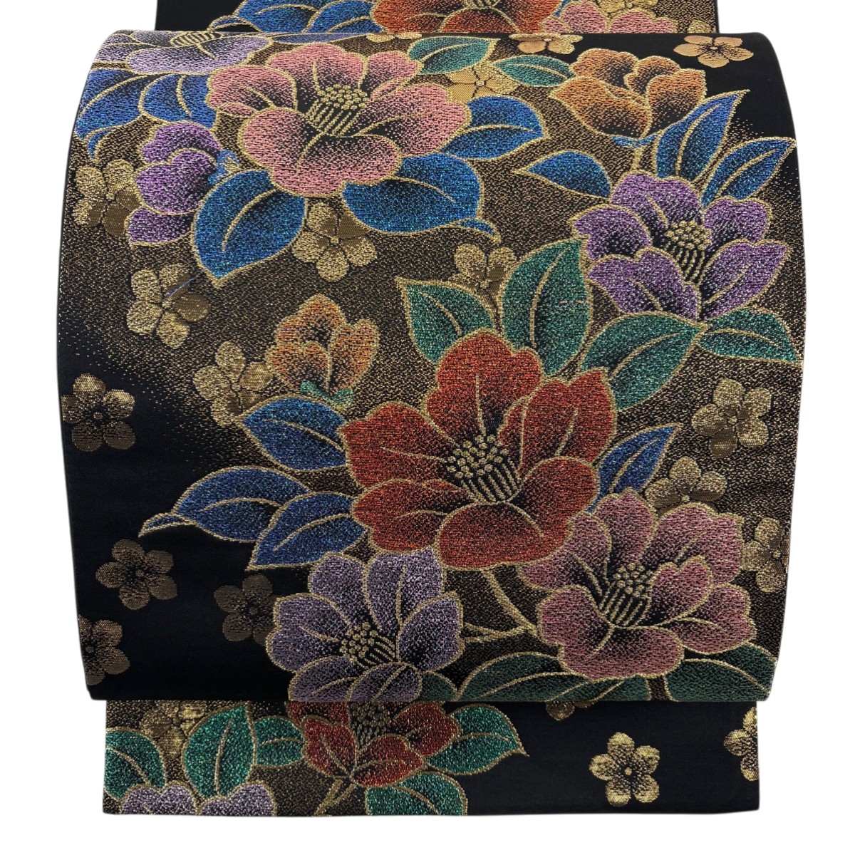 【美品】 袋帯 秀品 椿 花 金糸 箔 黒 六通 正絹 【中古】