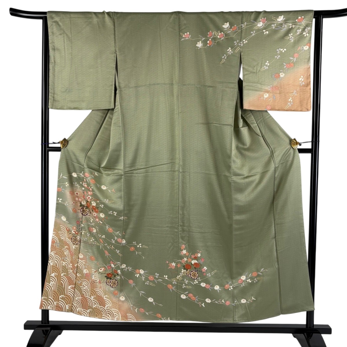 訪問着 身丈155cm 裄丈64.5cm M 袷 花車 波頭 金彩 ぼかし 灰緑 正絹 秀品 【中古】
