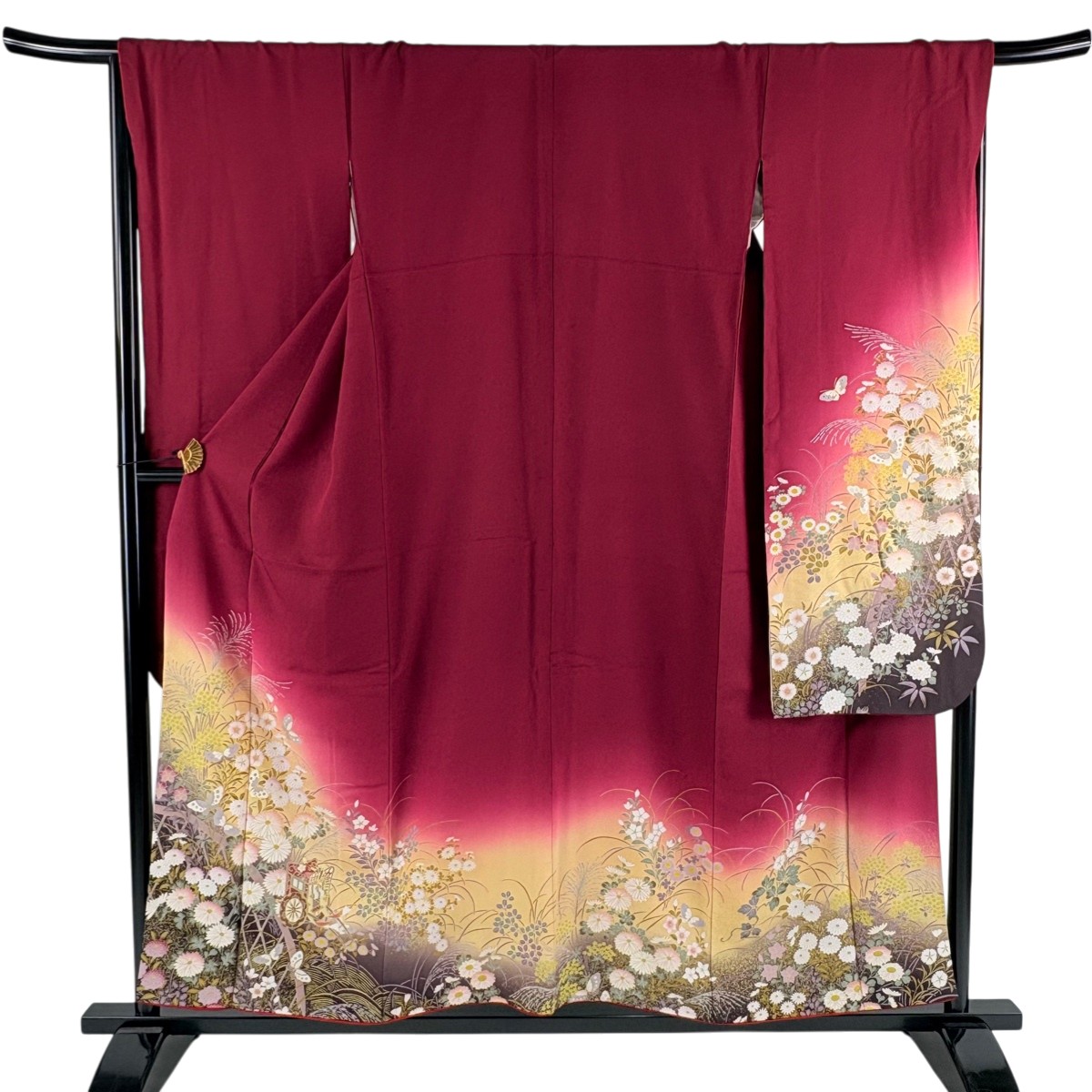 振袖 身丈156cm 裄丈67.5cm L 袷 御所車 菊 金彩 ぼかし 赤紫 正絹 秀品 【中古】