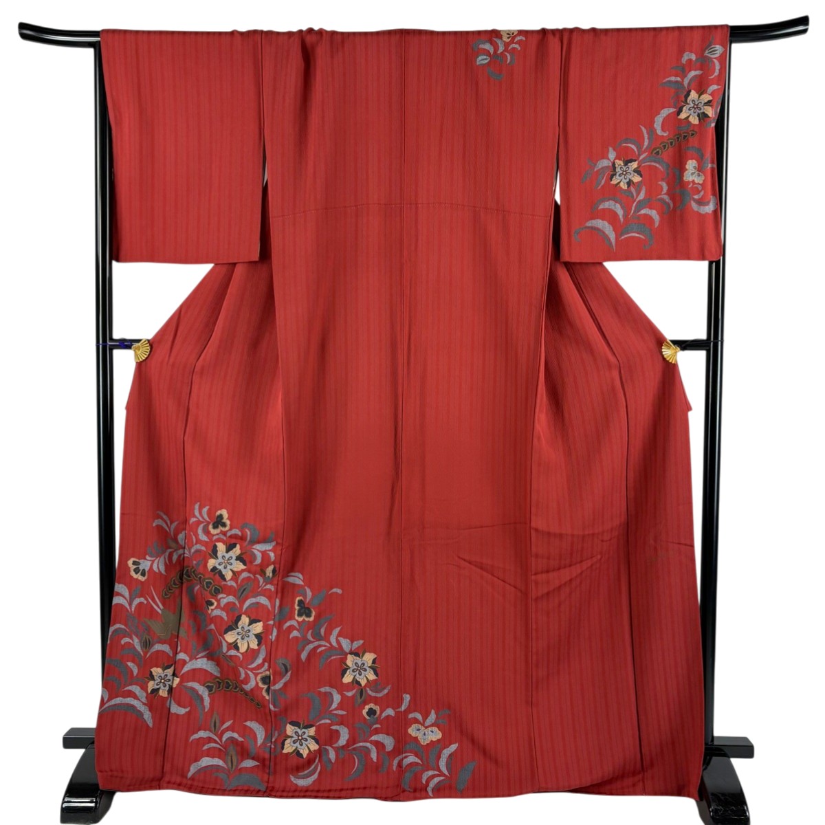 【美品】 訪問着 身丈170cm 裄丈68.5cm L 袷 コシノヒロコ 落款あり 花鳥 縦縞 金彩 朱色 正絹 秀品 【中古】