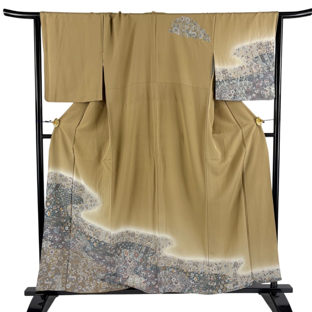 【美品】 訪問着 身丈158cm 裄丈66cm M 袷 草花 霞 金彩 ぼかし 薄茶色 正絹 秀品 【中古】