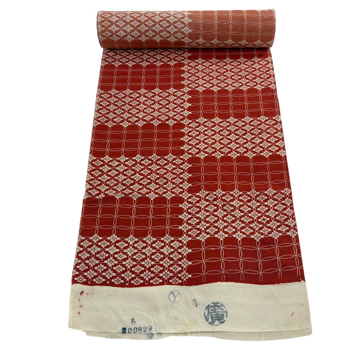 反物 秀品 小紋 七宝 花菱 赤 正絹 【中古】