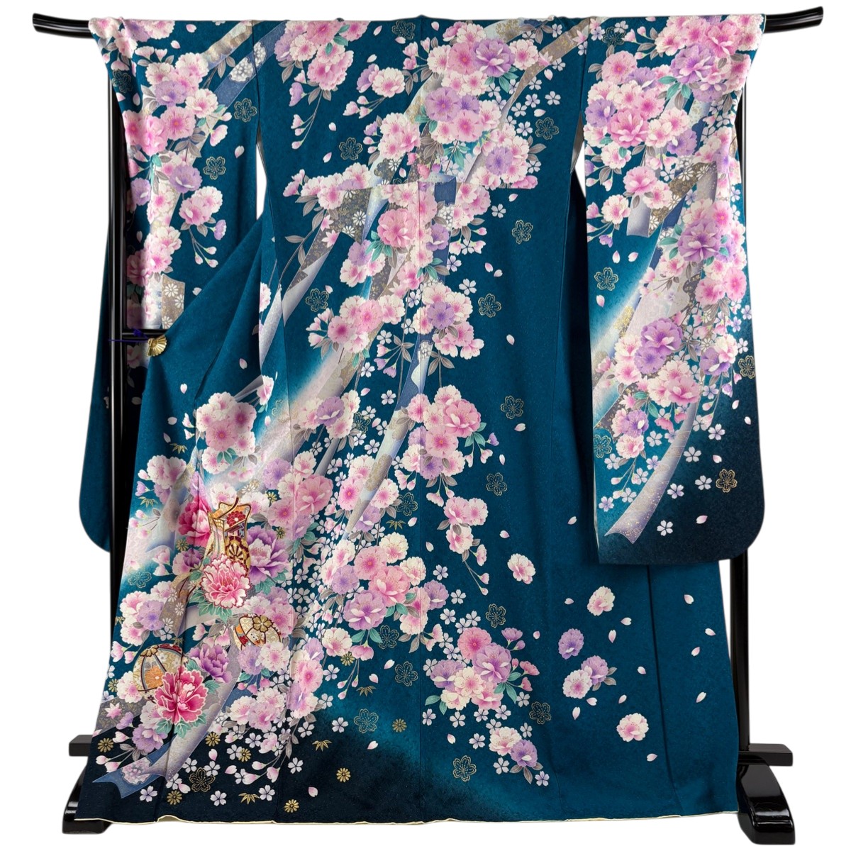 【美品】 振袖 身丈171cm 裄丈72cm L 袷 御所車 草花 銀通し 刺繍 青緑 正絹 逸品 【中古】
