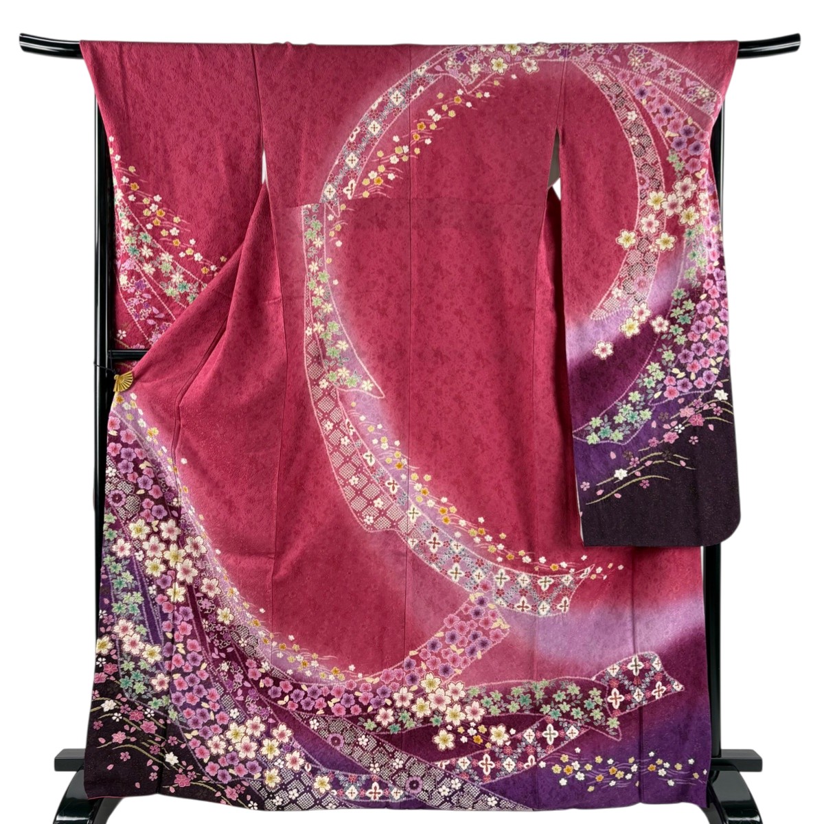 【美品】 振袖 身たけ170糎 裄丈68.5糎 L 袷 桜 地紋 金通し 絞り 濃サクラ色 正絹 珠玉 【中古】