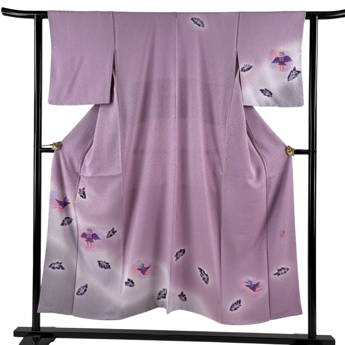 付下げ 身丈150cm 裄丈61cm S 袷 落款あり 天使 葉柄 絞り ぼかし 紫 正絹 逸品 【中古】