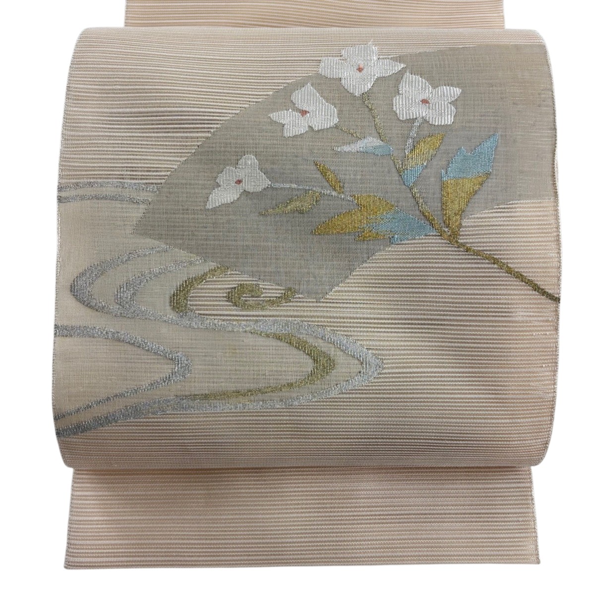名古屋帯 秀品 夏帯 八寸名古屋帯 松葉仕立て 草花 流水 金銀糸 ベージュ 正絹 【中古】