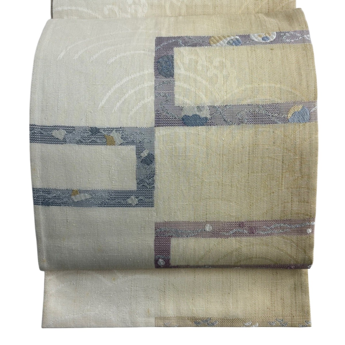 袋帯 秀品 夏帯 夏紬地 幾何学模様 青海波 銀糸 ベージュ 六通 正絹 【中古】
