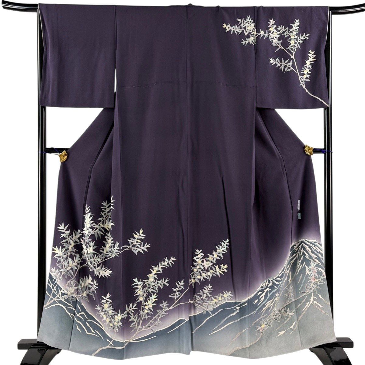 訪問着 身丈161cm 裄丈65cm M 袷 落款あり 枝花 ぼかし 濃紫 正絹 名品 【中古】