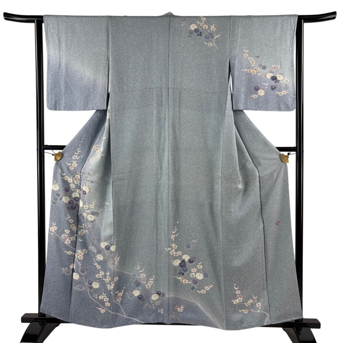 訪問着 身丈160cm 裄丈62.5cm S 袷 落款あり 菊 枝梅 水色 正絹 名品 【中古】