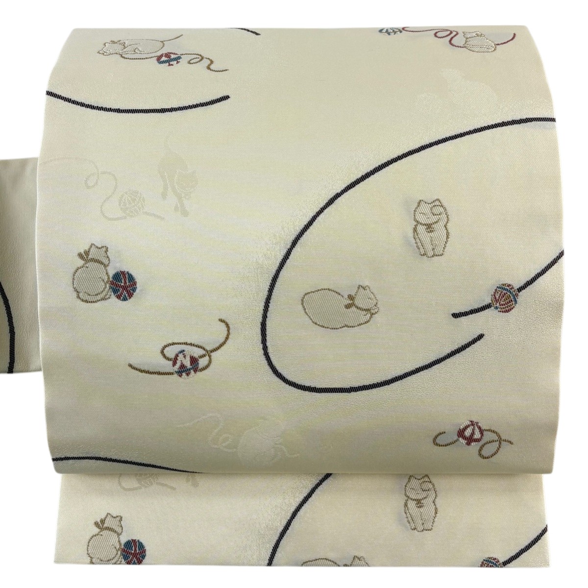 【美品】 名古屋帯 逸品 鈴乃屋 猫 毛糸 ベージュ 正絹 【中古】