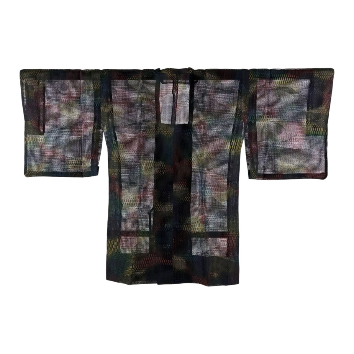 【美品】 道行 身丈86cm 裄丈66.5cm M 和装コート 角衿 幾何学模様 黒 正絹 秀品 【中古】