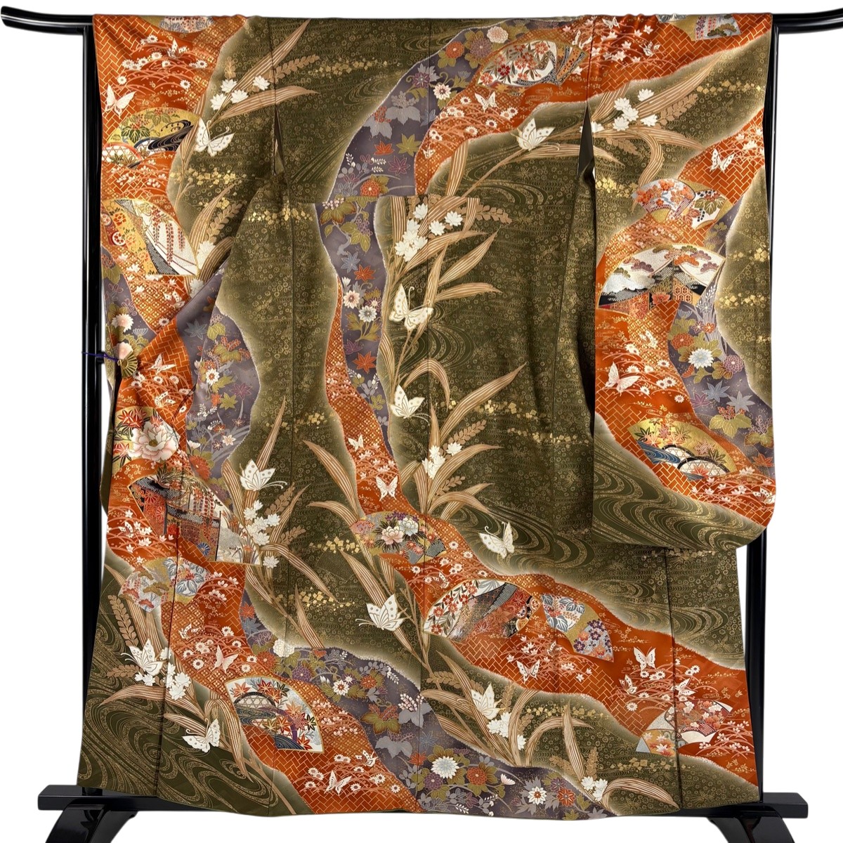 振袖 身丈159.5cm 裄丈64cm M 袷 扇面 蝶 金銀彩 刺繍 茶緑色 正絹 秀品 【中古】