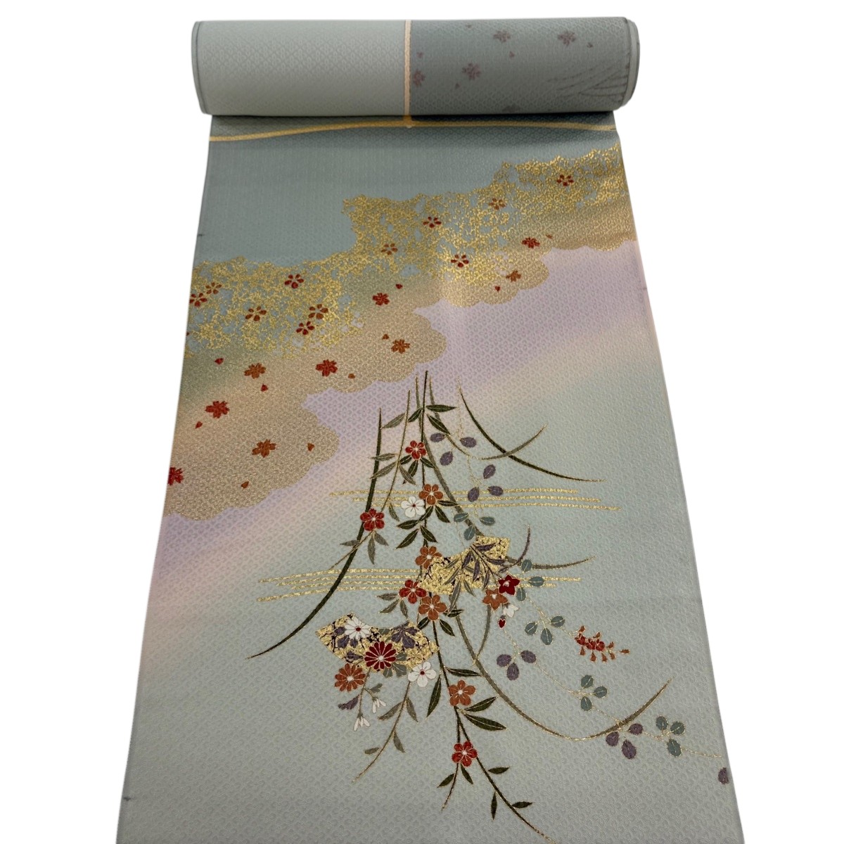 反物 秀品 付下げ 草花 花筏 金彩 ぼかし 薄緑 正絹 【中古】
