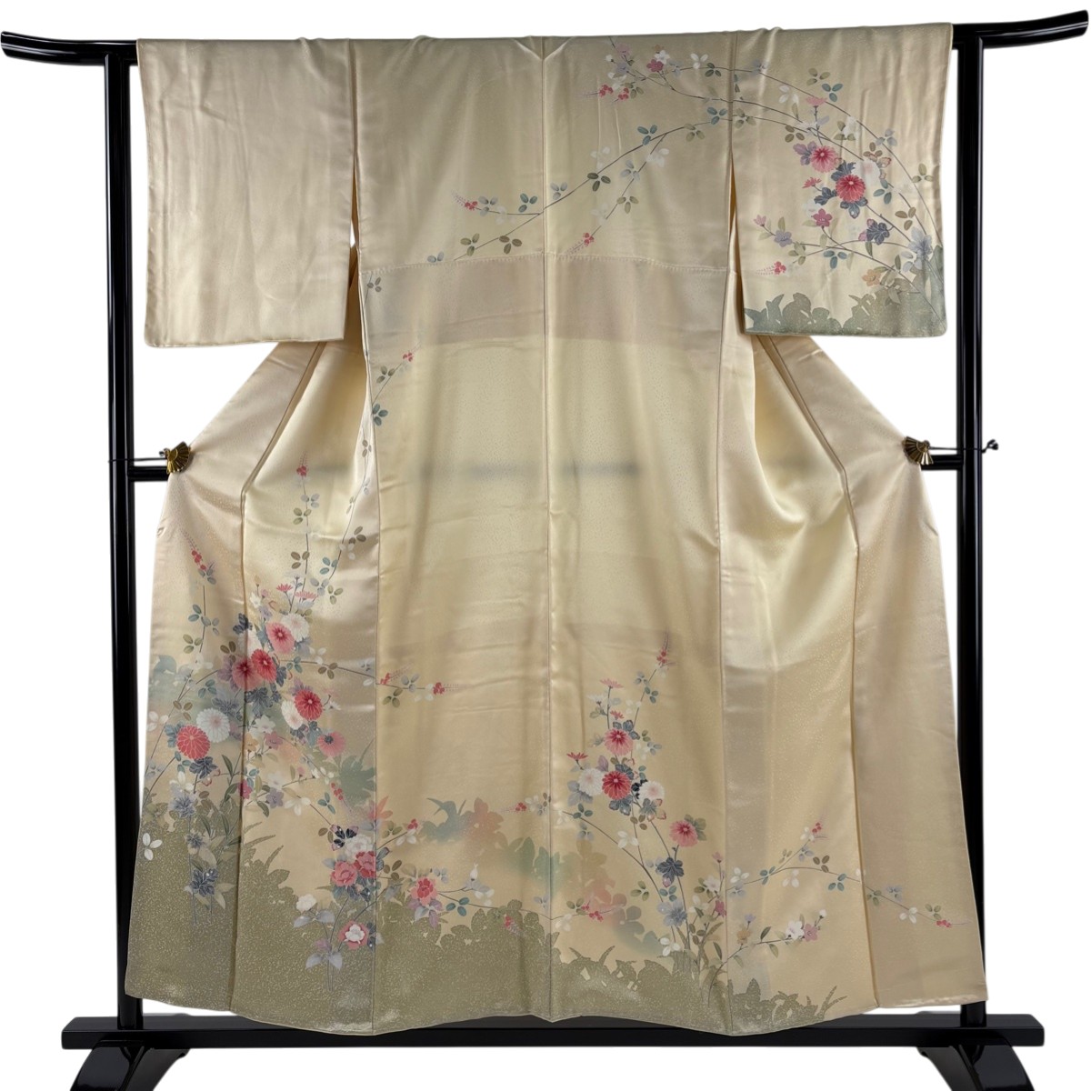 【美品】 訪問着 身丈156cm 裄丈62.5cm S 袷 菊 草花 ぼかし 薄黄 正絹 秀品 【中古】