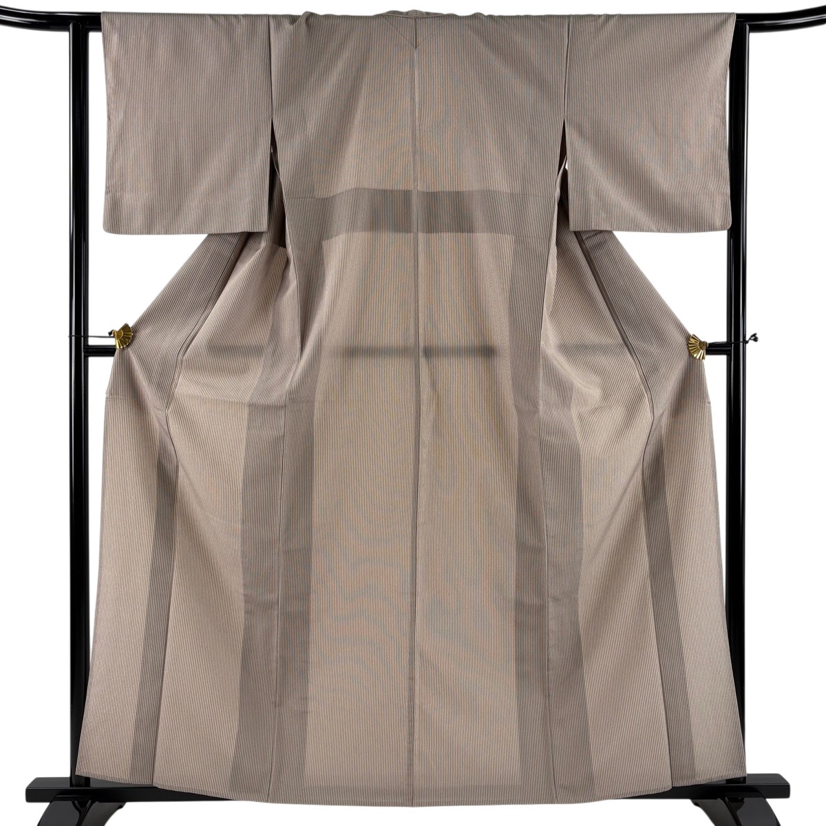 紬 身丈160cm 裄丈63cm S 単衣 縞 灰茶 正絹 秀品 【中古】