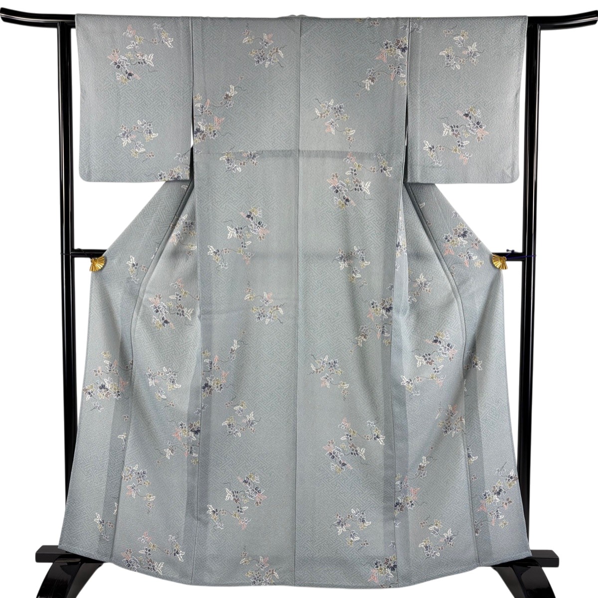 小紋 身丈164cm 裄丈62.5cm S 単衣 草花 紗綾形 青灰色 正絹 秀品 【中古】