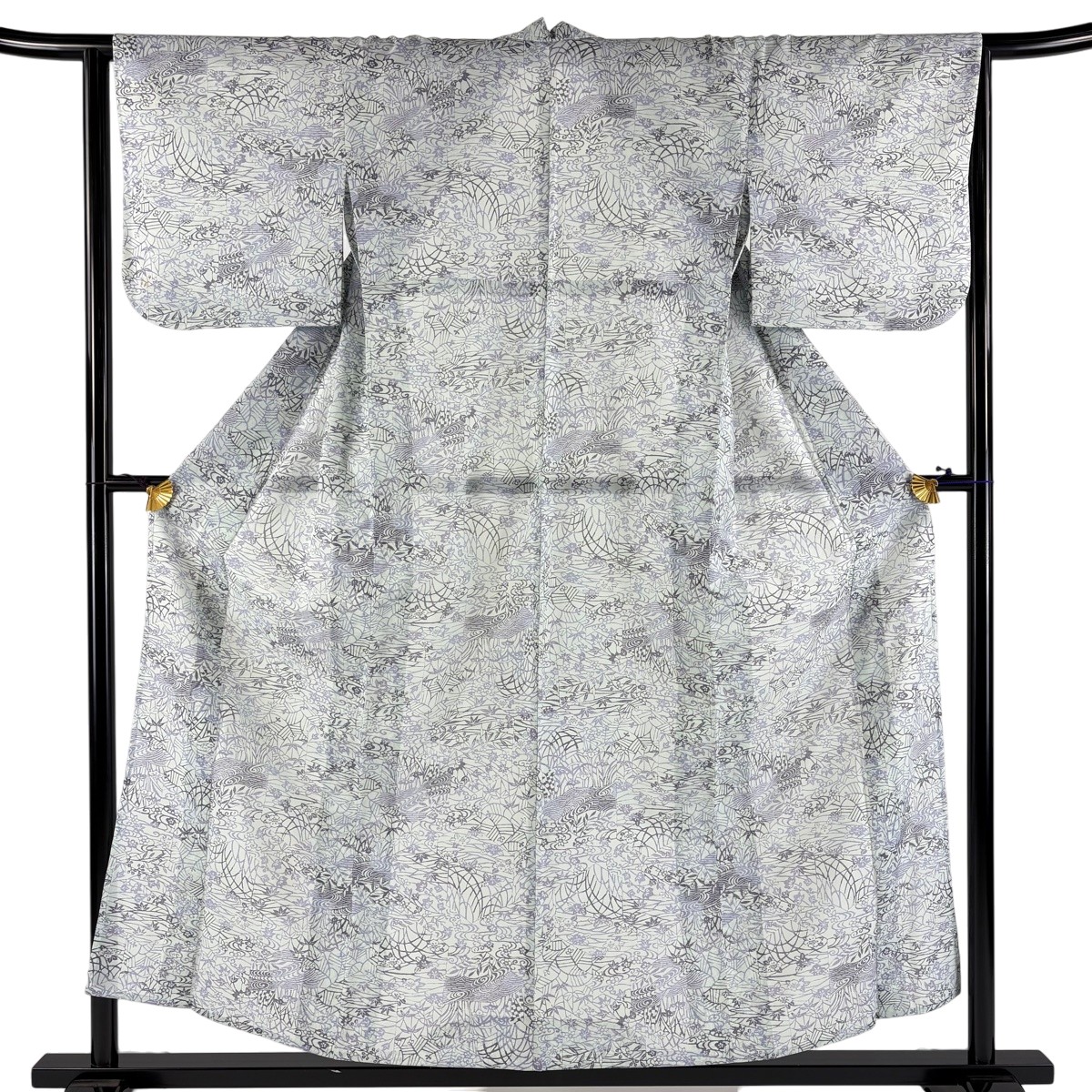 小紋 身丈155cm 裄丈64.5cm M 薄物 絽 バチ衿 草花 流水 薄緑 正絹 秀品 【中古】