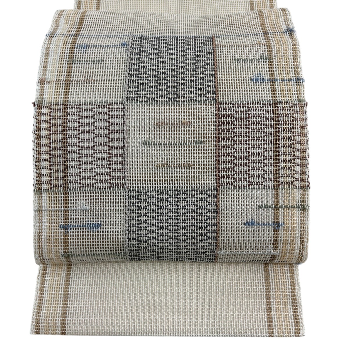 名古屋帯 秀品 夏帯 松葉仕立て 八寸名古屋帯 幾何学模様 変わり市松 金糸 ベージュ 正絹 【中古】