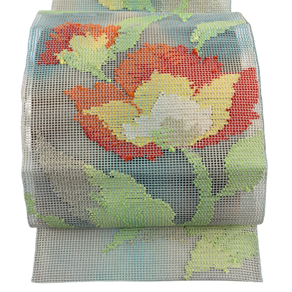 名古屋帯 秀品 夏帯 松葉仕立て 八寸名古屋帯 草花 金糸 刺繍 灰緑 正絹 【中古】 8,732円