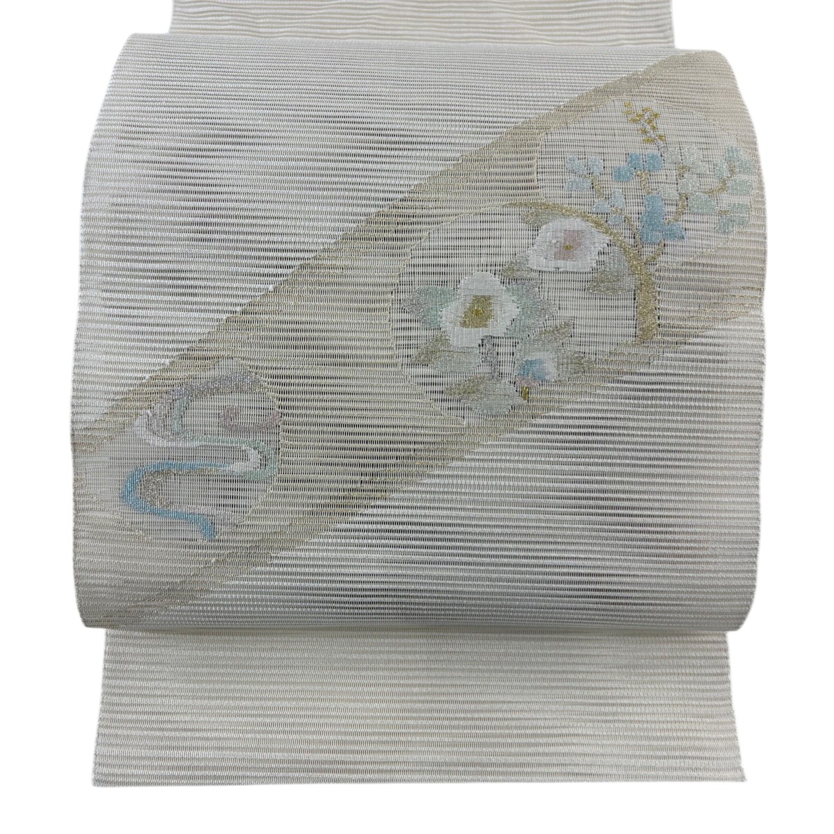 【美品】 名古屋帯 秀品 夏帯 絽 八寸名古屋帯 草花 流水 金銀糸 ベージュ 正絹 【中古】