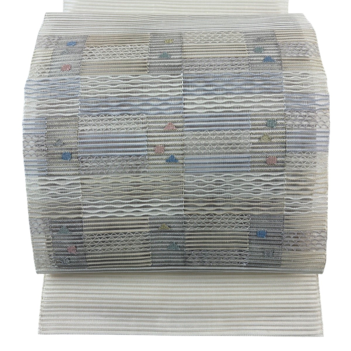 名古屋帯 秀品 夏帯 絽 八寸名古屋帯 松葉仕立て 幾何学模様 縞 金銀糸 ベージュ 正絹 【中古】