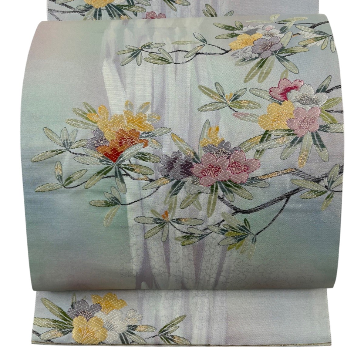 【美品】 袋帯 秀品 九百錦 桜 引箔 刺繍 灰緑 六通 正絹 【中古】