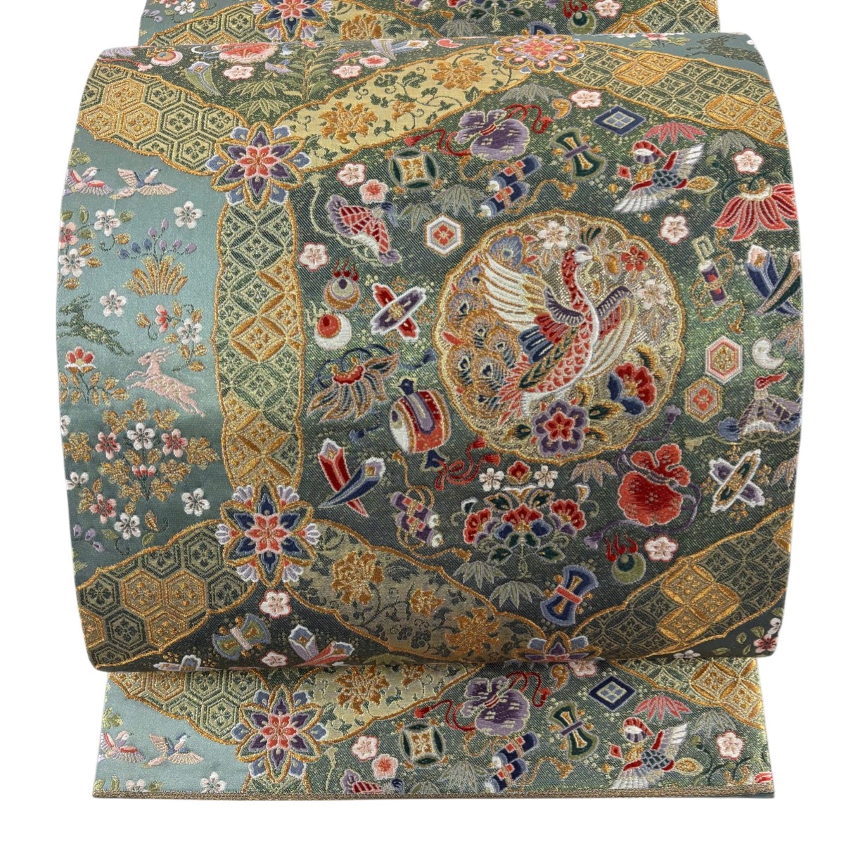 【美品】 袋帯 秀品 鳳凰 宝尽くし 金糸 箔 緑 六通 正絹 【中古】