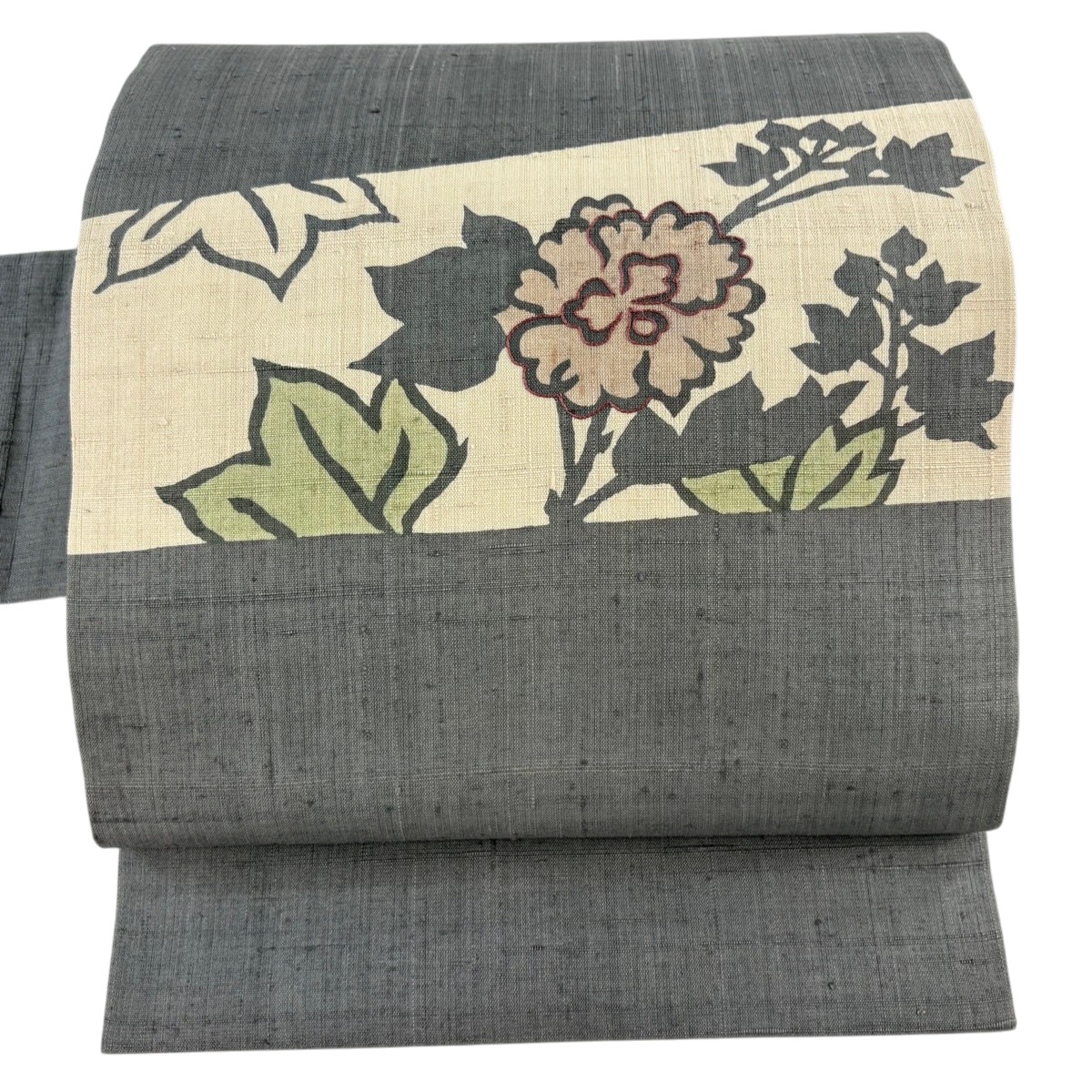 【美品】 名古屋帯 名品 紬地 草花 灰色 正絹 【中古】