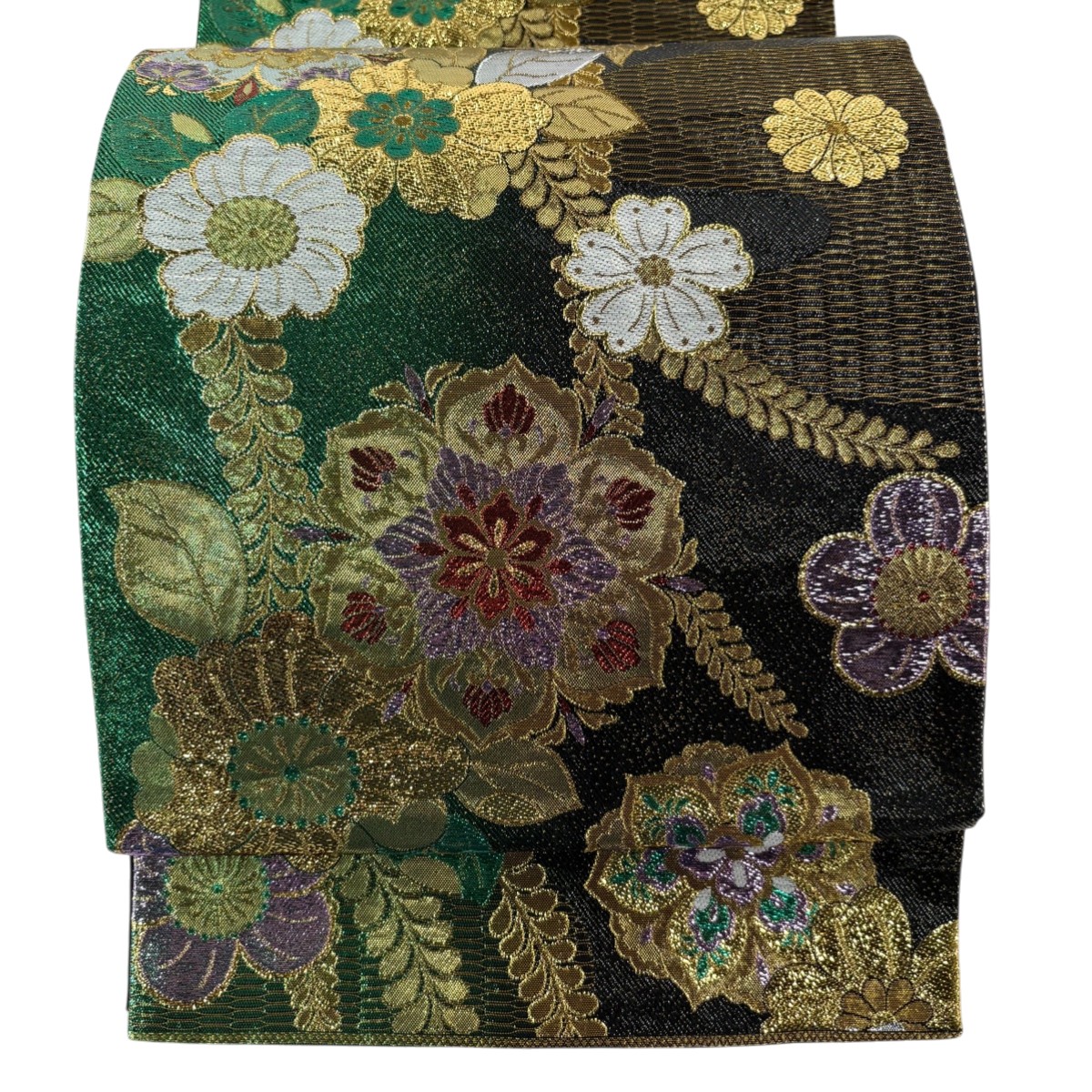 【美品】 袋帯 秀品 草花 霞 金糸 箔 緑 六通 正絹 【中古】