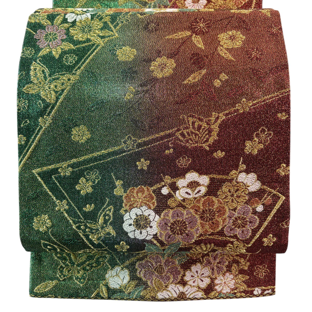 【美品】 袋帯 秀品 扇面 草花 金糸 箔 赤 六通 正絹 【中古】