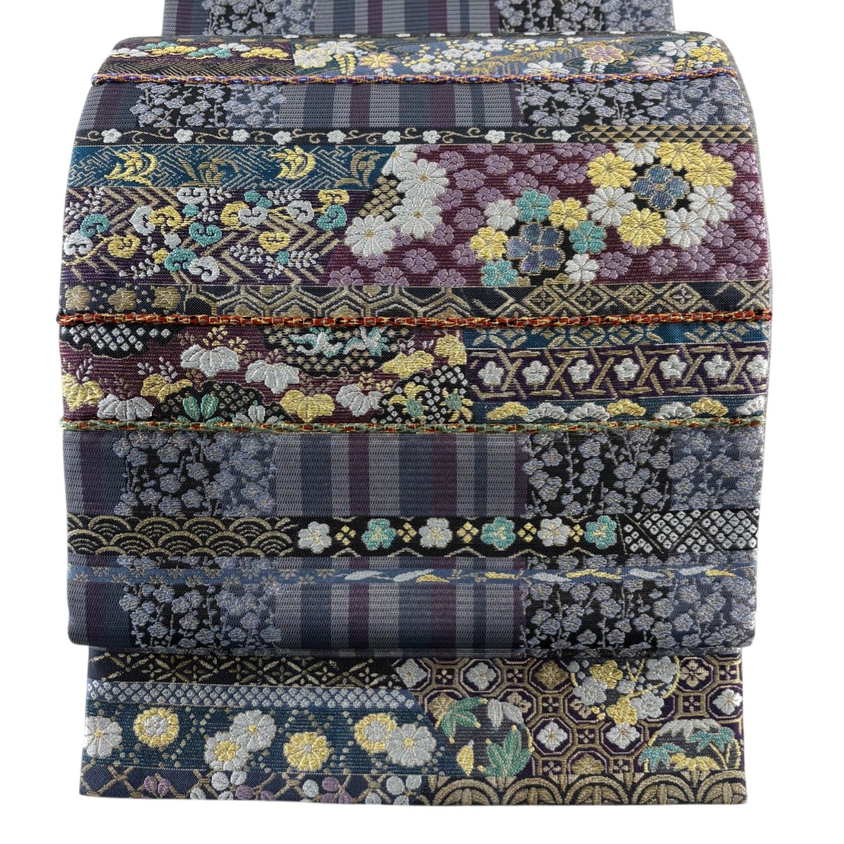 【美品】 袋帯 秀品 草花 鳥 金糸 箔 灰紫 お太鼓柄 正絹 【中古】
