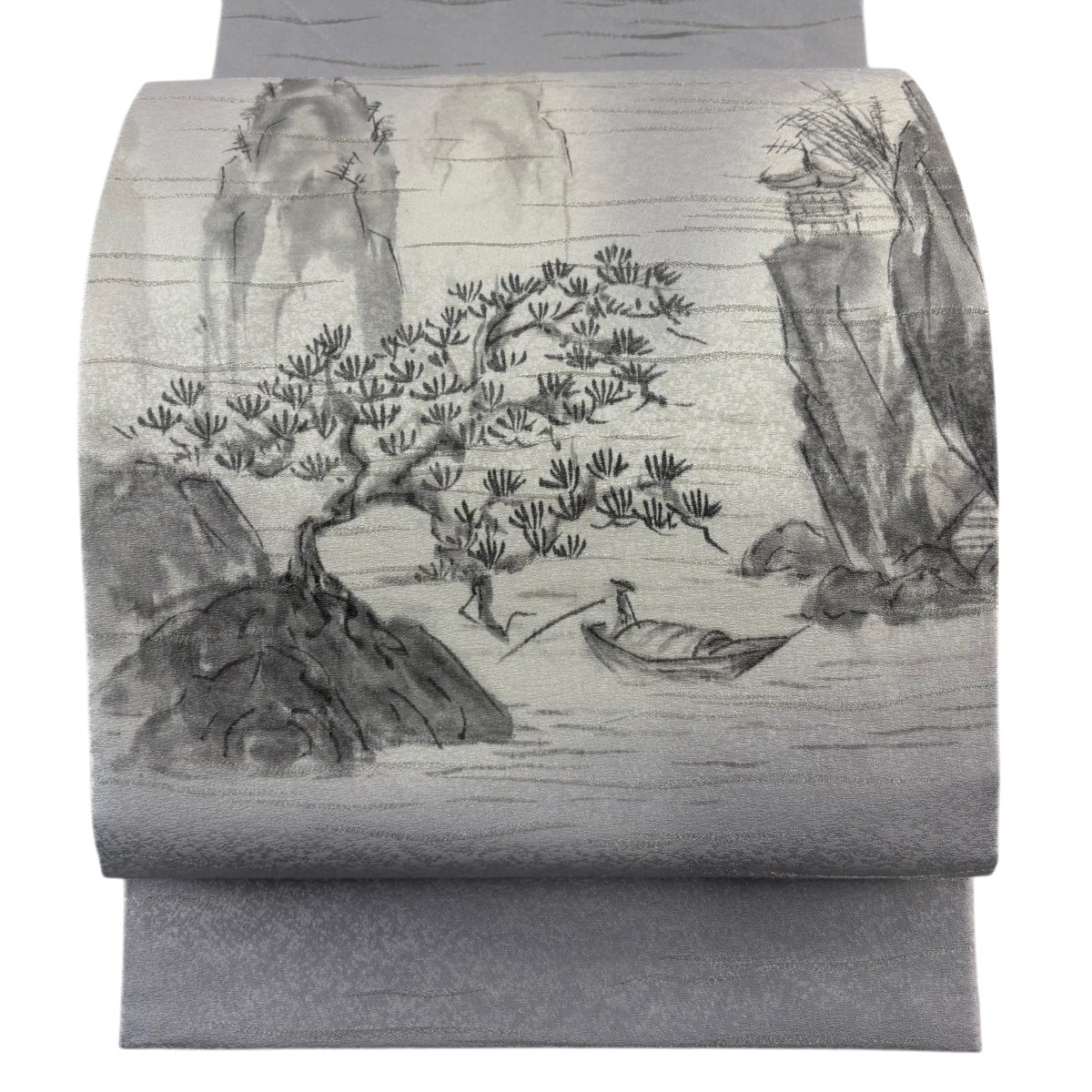 【美品】 袋帯 秀品 風景 舟 銀糸 灰色 お太鼓柄 正絹 【中古】