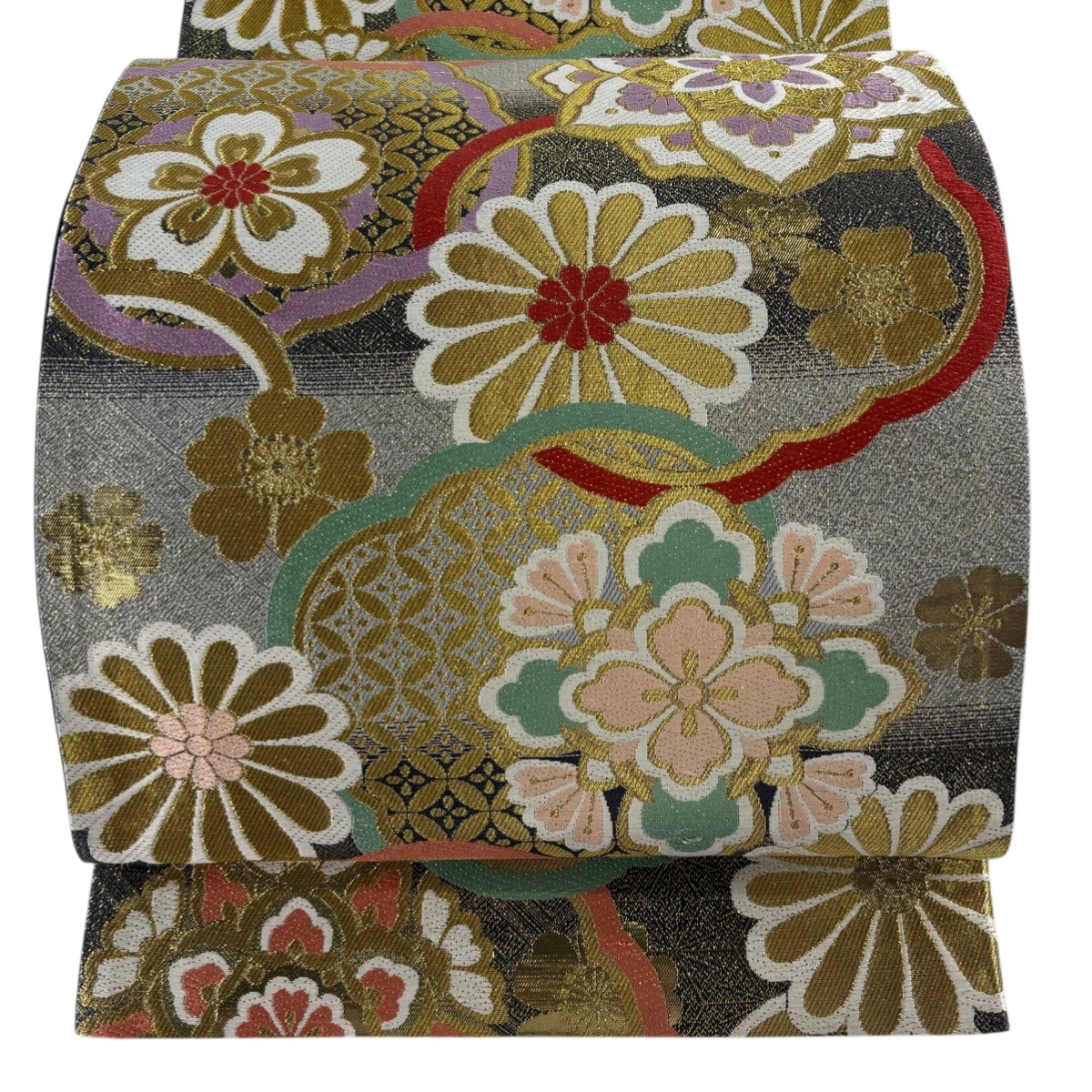 【美品】 袋帯 秀品 振袖向き 花 七宝 金糸 箔 金色 六通 正絹 【中古】