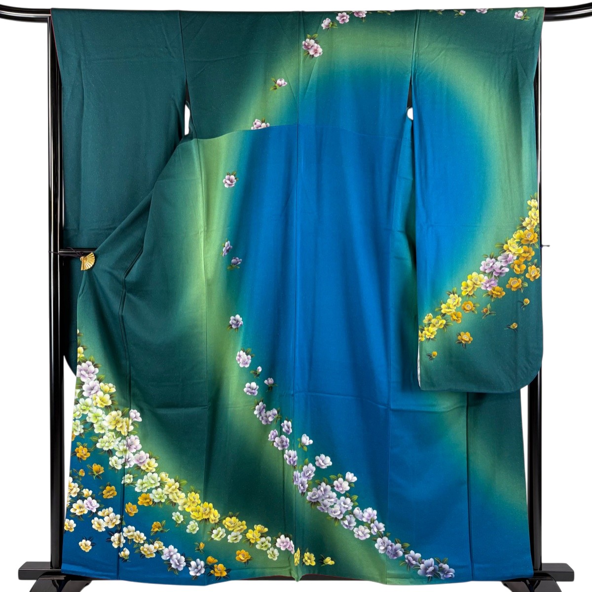 【美品】 振袖 身丈160.5cm 裄丈66.5cm L 袷 草花 金通し 染め分け 深緑 正絹 名品 【中古】