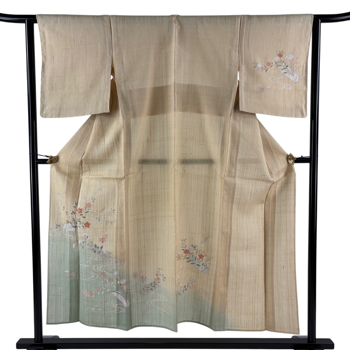 訪問着 身丈152cm 裄丈62cm S 薄物 夏紬地 花筏 流水 銀彩 染め分け ベージュ 正絹 名品 一つ紋 【中古】