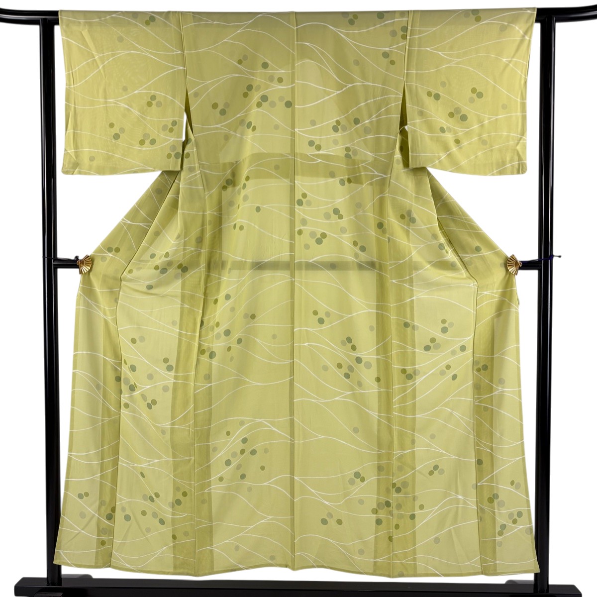 【美品】 小紋 身丈153.5cm 裄丈62cm S 薄物 絽 幾何学 抹茶色 正絹 名品 【中古】