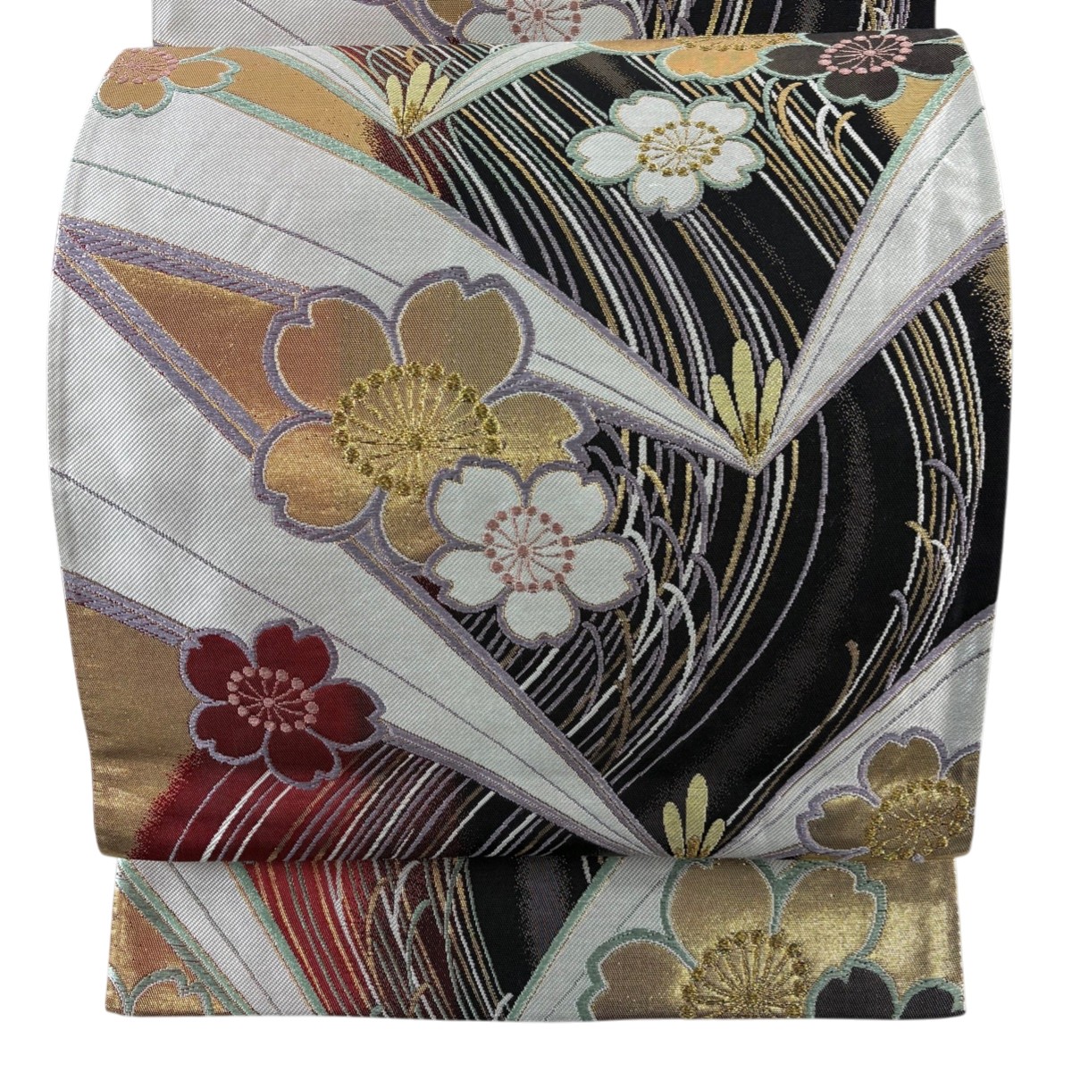【美品】 袋帯 秀品 桜 若松 刺繍 箔 灰白 全通 正絹 【中古】