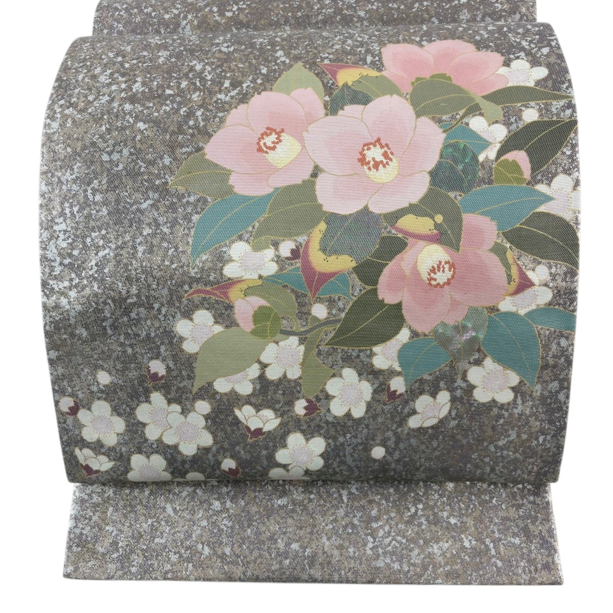 【美品】 袋帯 秀品 椿 草花 螺鈿箔 箔 茶紫 お太鼓柄 正絹 【中古】