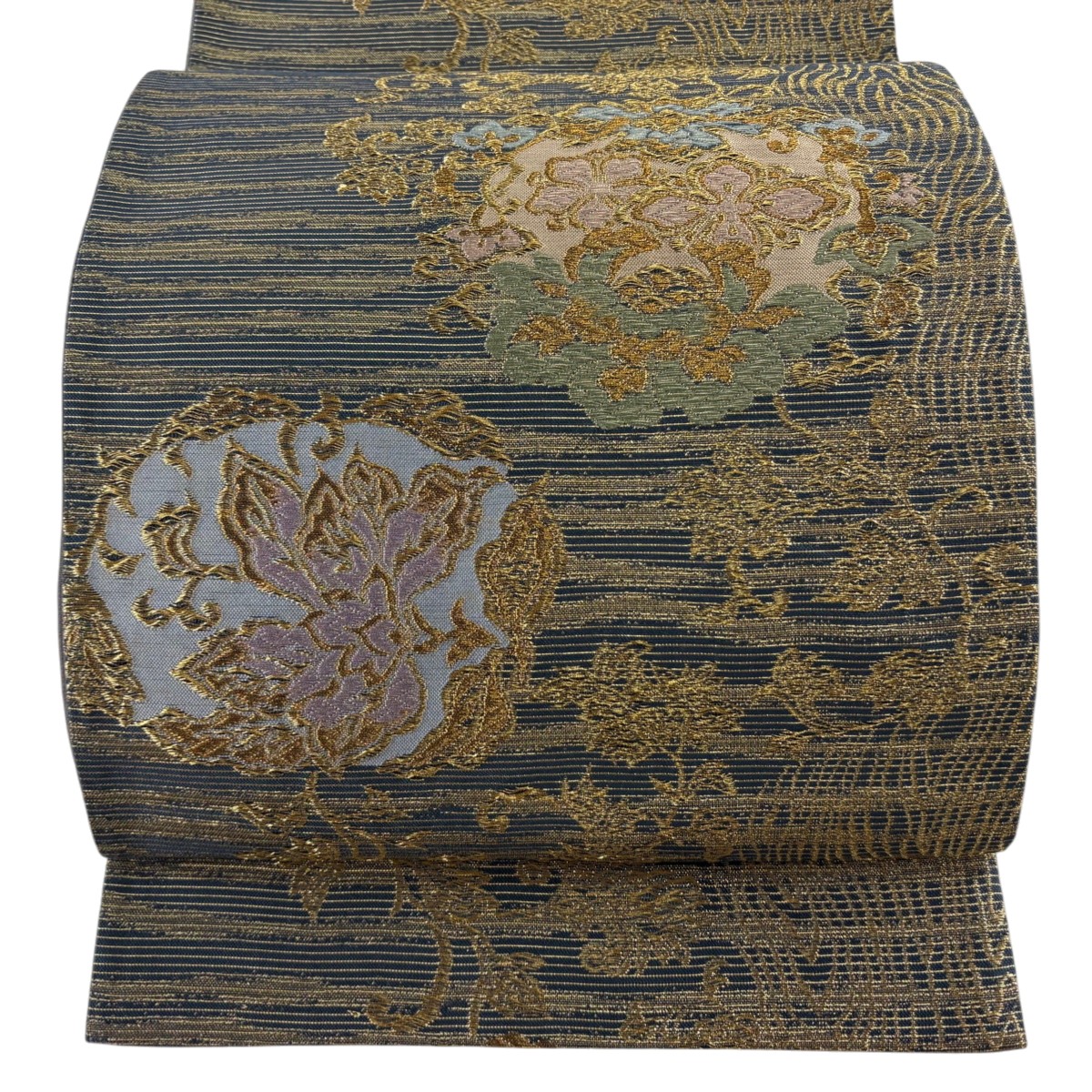 【美品】 袋帯 秀品 草花 木目 金銀糸 箔 紺色 六通 正絹 【中古】