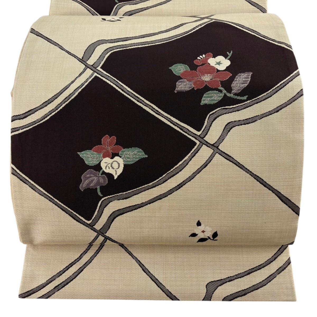 【美品】 袋帯 秀品 草花 幾何学模様 ベージュ 六通 正絹 【中古】 6,248円